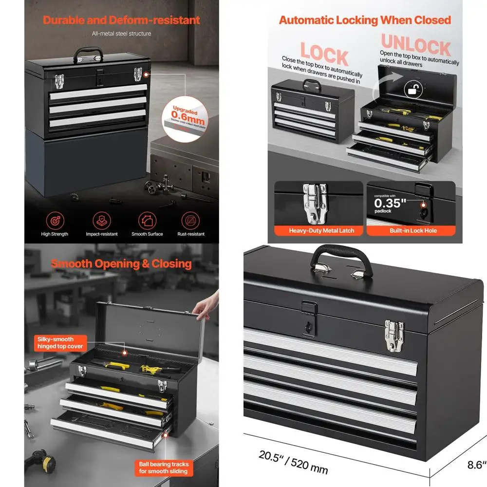 

Portable 3-Drawer Metal Tool Chest with EVA Liners, Lockable Slides, and Powder Coated Finish