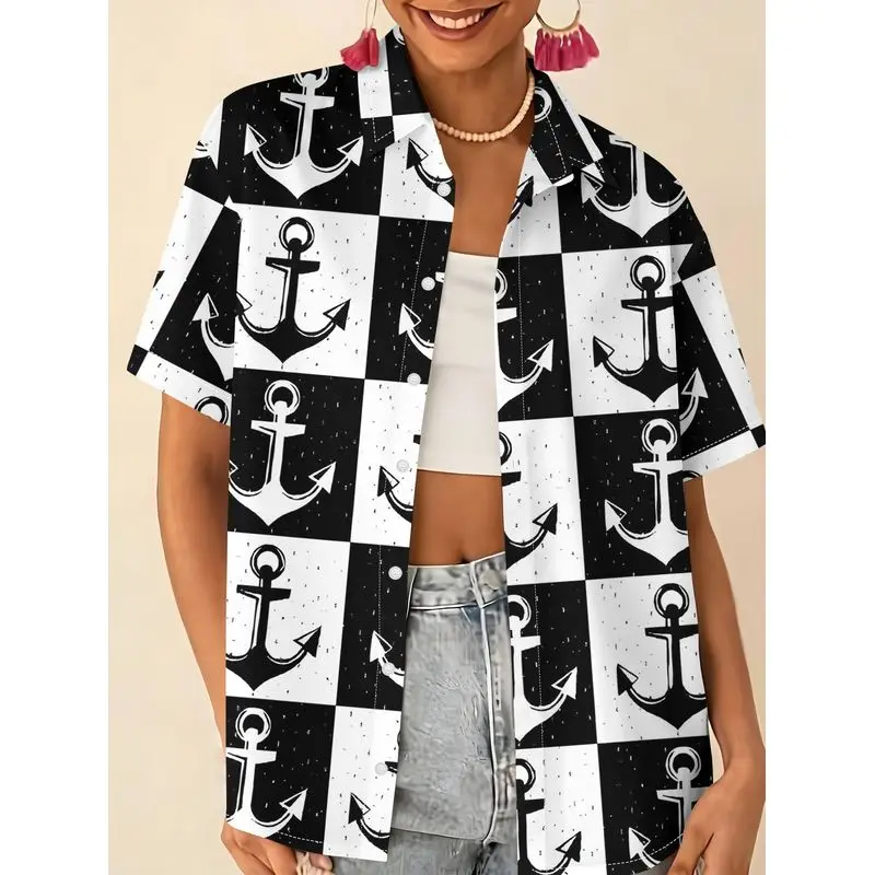 Summer Women's Fashion Short-Sleeve Shirt Hand-Painted Anchor Print Black White Checkered Background Daily Party Wear