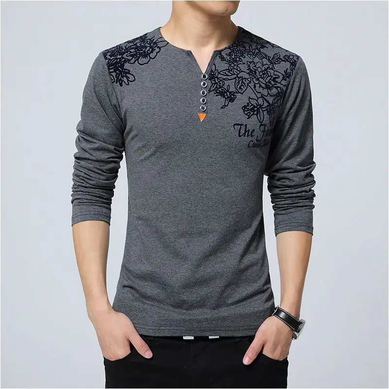 

Fashion Men Clothing Long Sleeve Cotton T-shirt Spring Autumn Big Size Ventilate Basic Korean Bottoming V-neck Loose Casual Tops