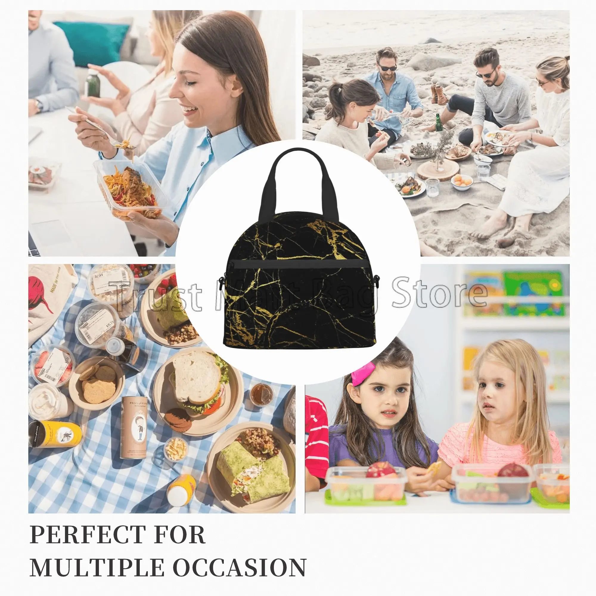 Black Gold Marble Lunch Bag Adults Insulated Lunch Box with Adjustable Shoulder Strap Reusable Cooler Tote for Work Picnic Beach