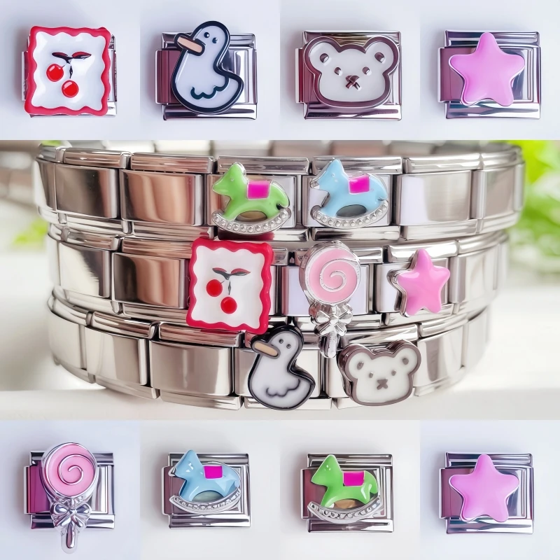 

Cute Cartoon Cherry Lollipop Trojan Little Bear Star Italian Charm Links Fit 9mm Bracelet Stainless Steel Jewelry DIY Making