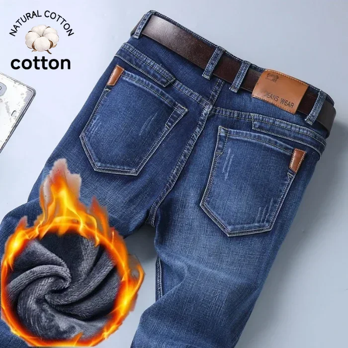 New Winter Warm Fleece Retro Men's Jeans Stretch Solid Color Denim Pants Work Thicken Cotton Blend Outdoors Trouser Plus Size 40
