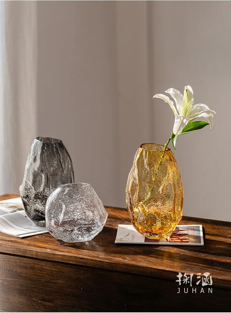Textured Glass Vase Irregular Glacier Shape Transparent Glass Flower Vase for Home Tabletop Living Room Decor