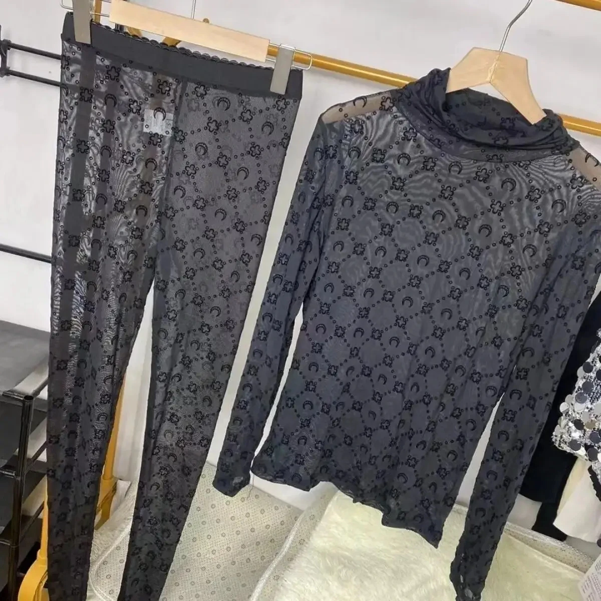 Korean Two Piece Set Women Retro Fashion Long Sleeve Moon Velvet Printed Base Shirt Pants Set Thin Perspective Spicy Girl Sexy