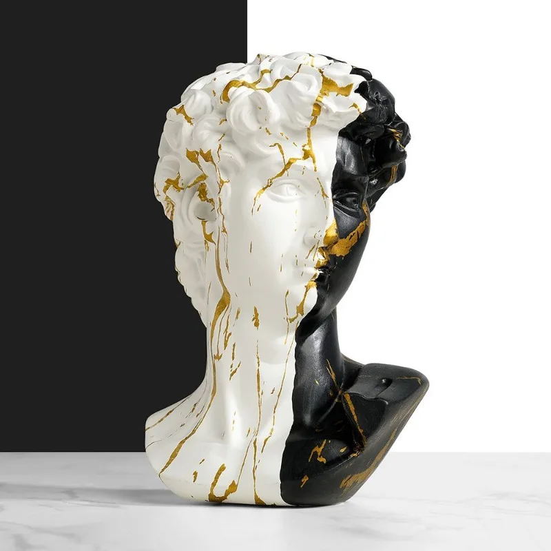 #￥Creative David Statue Black White Marble Patterned David Portrait Resin Crafts Table Bookrack Ornaments Figure Sculpture Gift
