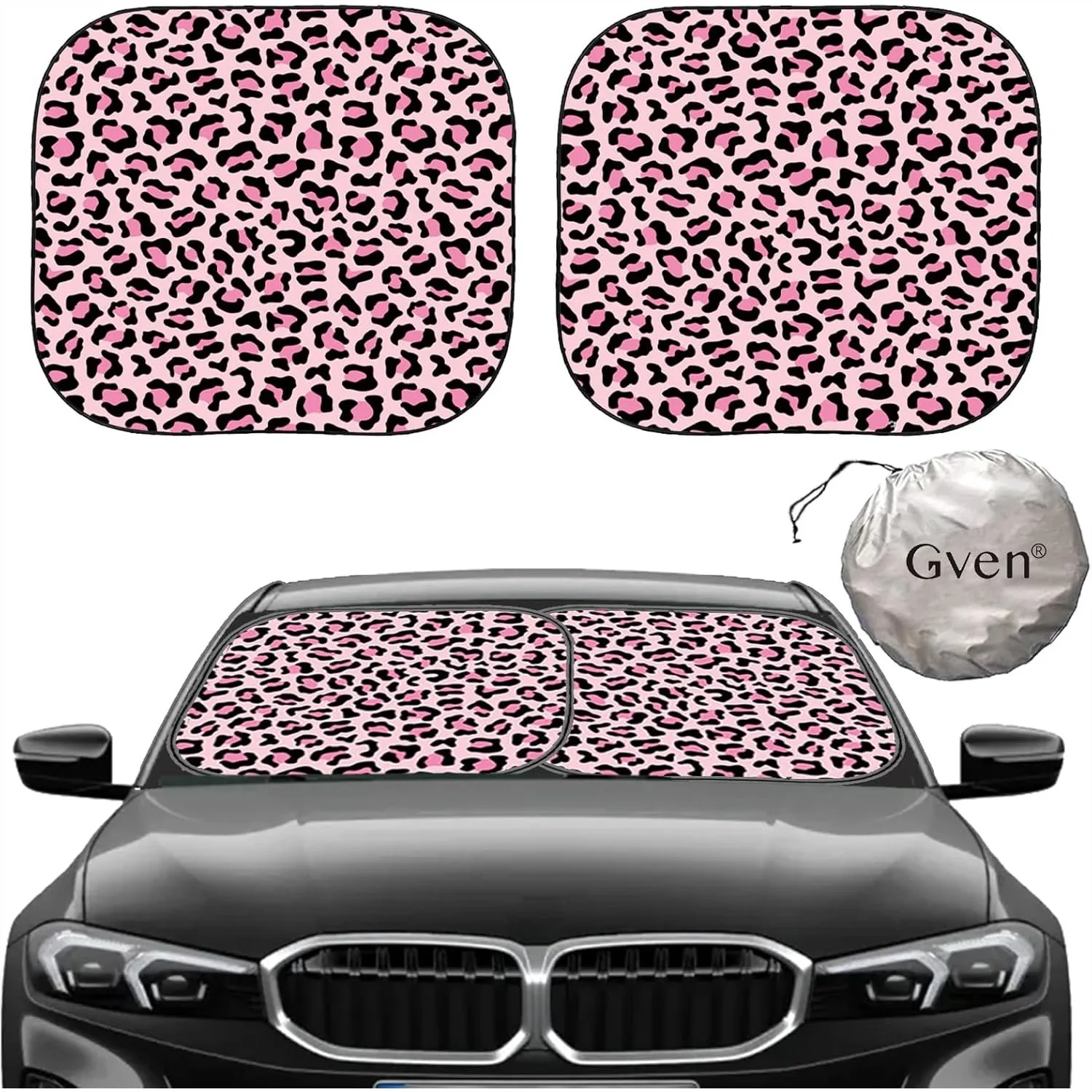 

Car Windshield Sun Shade with Bonus Dashboard Mat - Reflects UV & Heat for Front Window, Pink Leopard Print, M Size for Sedans &