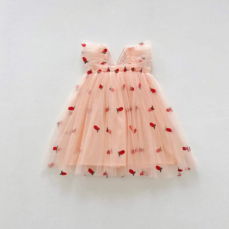 Summer Toddler Kids Clothes Girls Princess Dress Daisy/Fruit Embroidery Sleeveless Sling Dress Casual Mesh Tulle Fluffy Dress