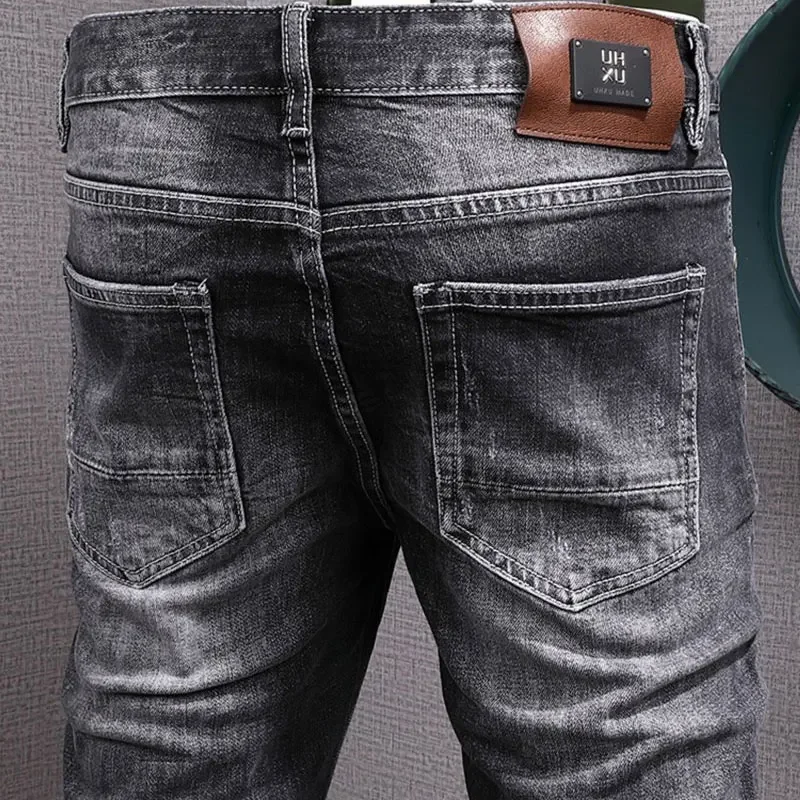 Street Style Fashion Men Jeans Retro Black Gray Stretch Slim Fit Vintage Ripped Jeans Men Patched Designer Hip Hop Denim Pants