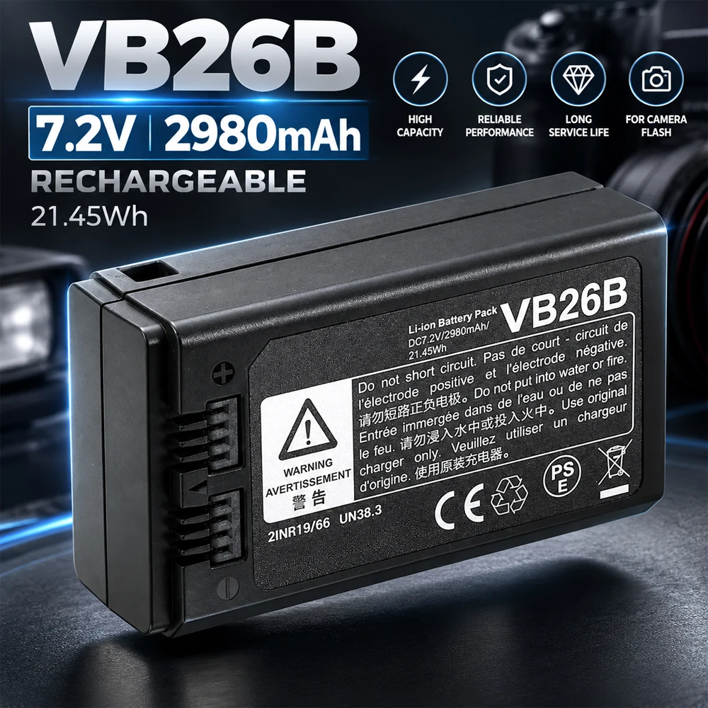 VB26B 7.2V 2980mAh Rechargeable Battery Compatible with Godox V1, V1Pro, V860III, V850III Flash Units and Other Similar Devices.