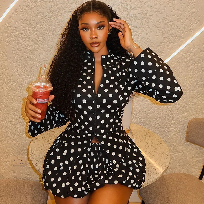 

Polka Dot Ruched Summer Outfits Women Two Piece Set Club Party Long Sleeve Zip High Waist Cardie Top and A-line Mini Skirt Sets