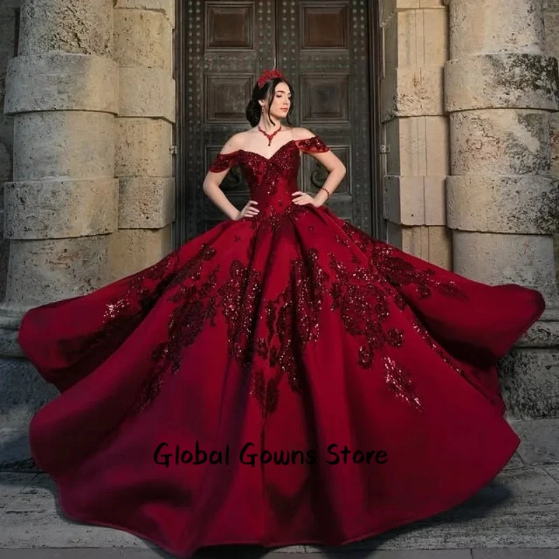 

Customized Red Off Shoulder Quinceanera Dress sequin applique crystal Lace crystal vestidos de 15 Quinceanera