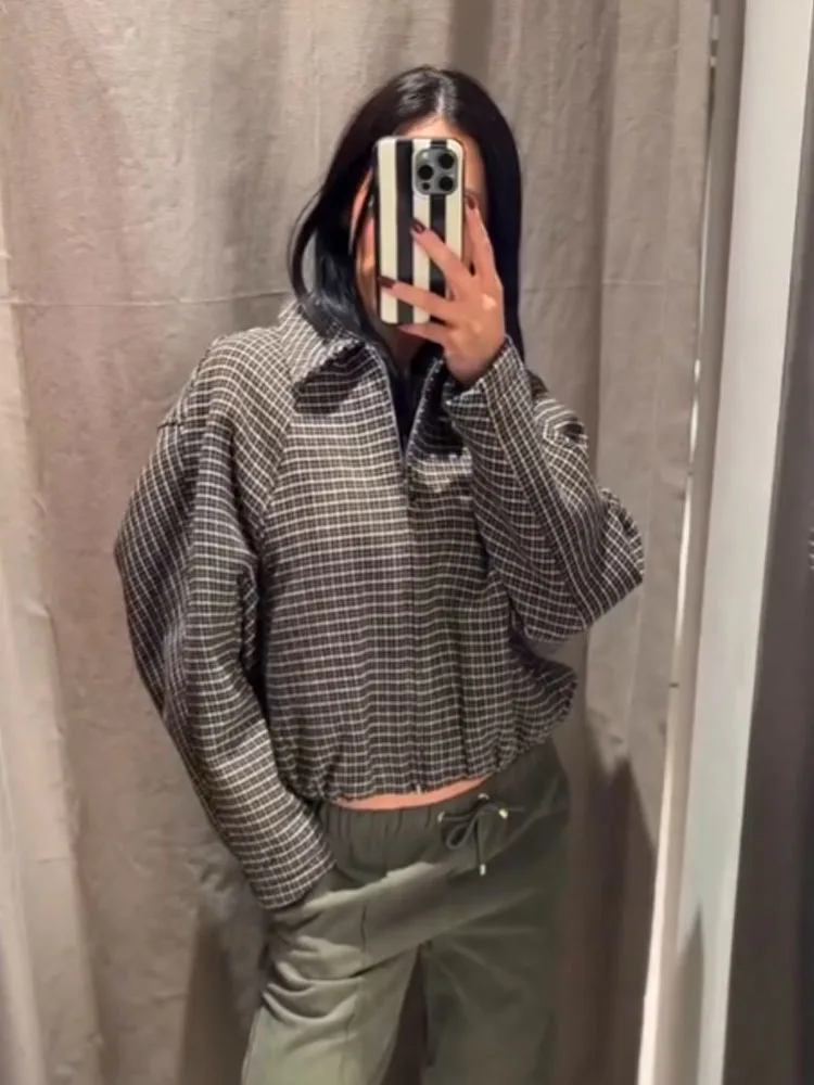 HH 女性の冬の新ファッション千鳥格子綿コート長袖ジッパーボンバージャケット + ハイウエストカジュアルベルト付きキュロットセット Mujer