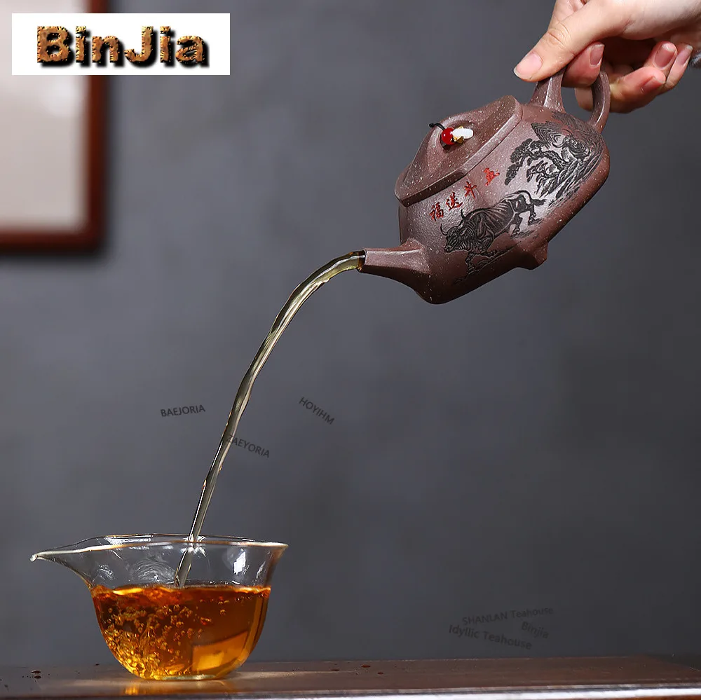 390ml Luxury Yixing Purple Clay Teapots Handmade Stone Scoop Pot Raw Ore Snowflake Mud Kettle Chinese Zisha Tea Set Collection