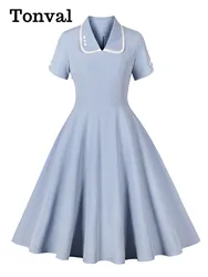 Tonval Peter Pan Collar Vintage Plain Flared Hem Dress Women 50s Style Party Wear A-Line Elegant Summer Swing Dresses