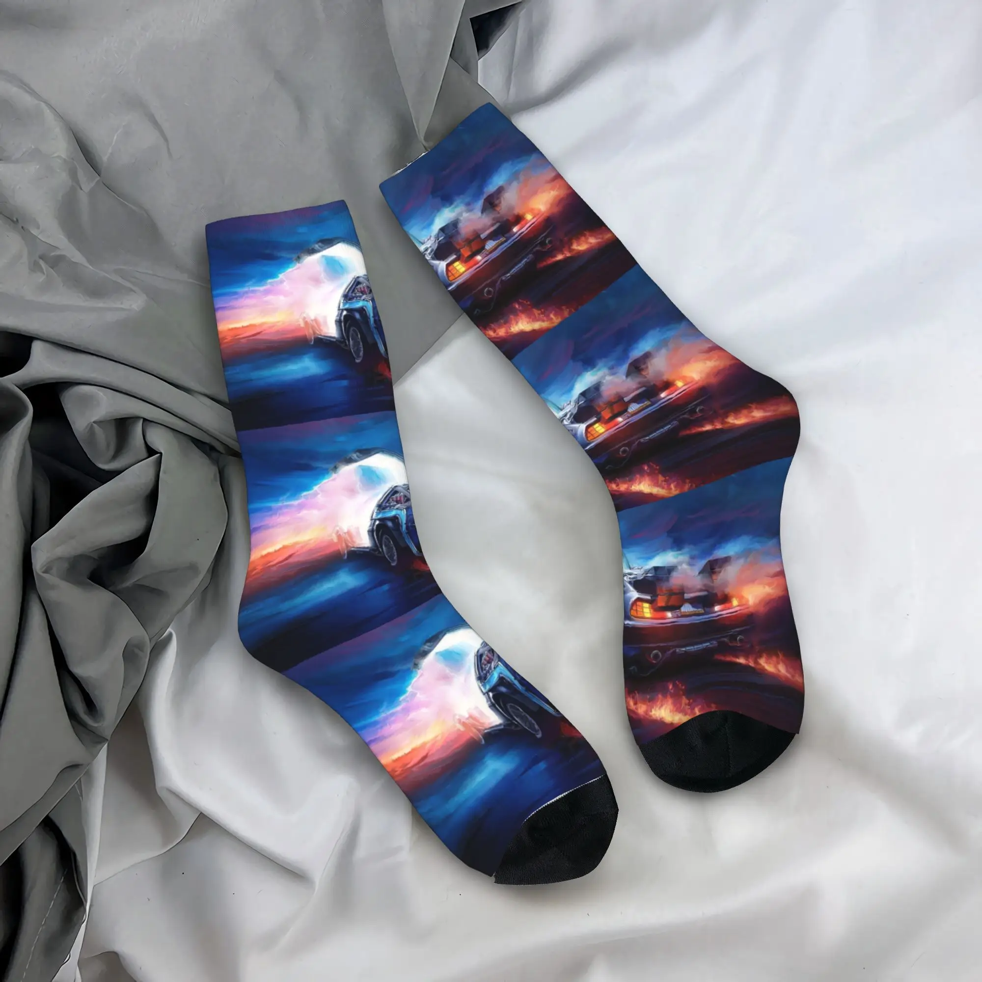 العودة إلى المستقبل Delorean Time Machine Socks Harajuku جوارب عالية الجودة جوارب طويلة للرجال والنساء هدايا عيد الميلاد