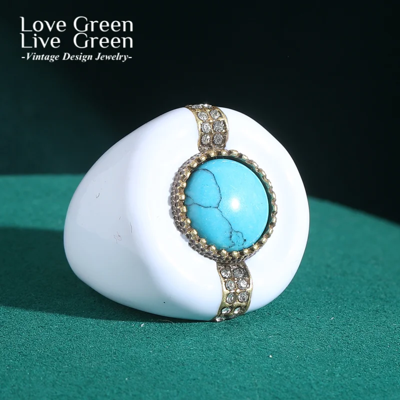 

Vintage White Turquoise Ring For Woman Blue Natural Stone Round Antique Gold Color Adjustable Accessories Luxury Brand Jewelry