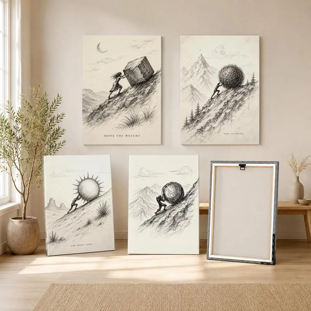 Sisyphus Pushing Boulder Up Framed Wall Painting Ready to Hang Canvas Art Poster for Living Room Bedroom Home Decor
