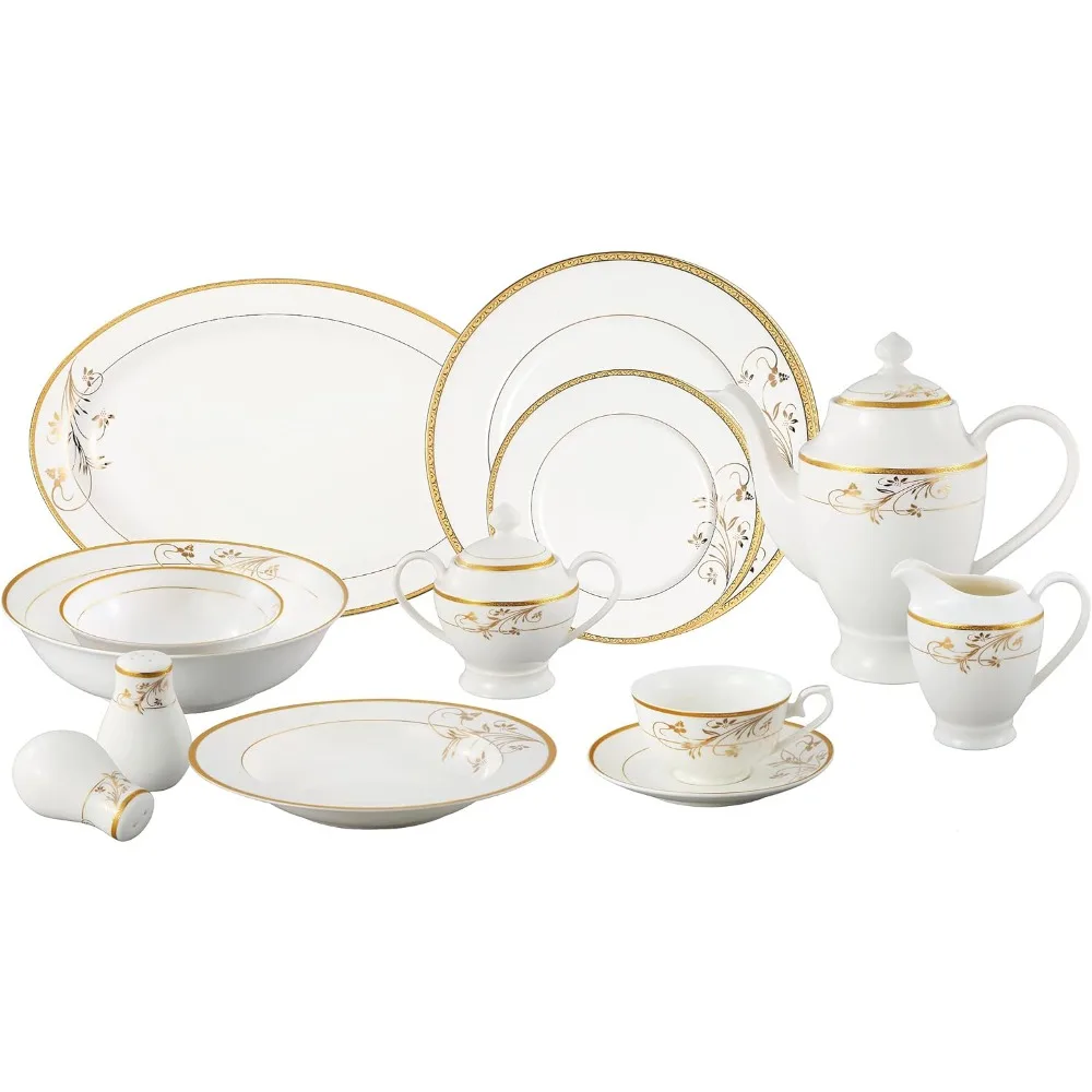 La Luna Bone China 57-Piece 24K Gold Floral Design Dinnerware Set, Service for 8