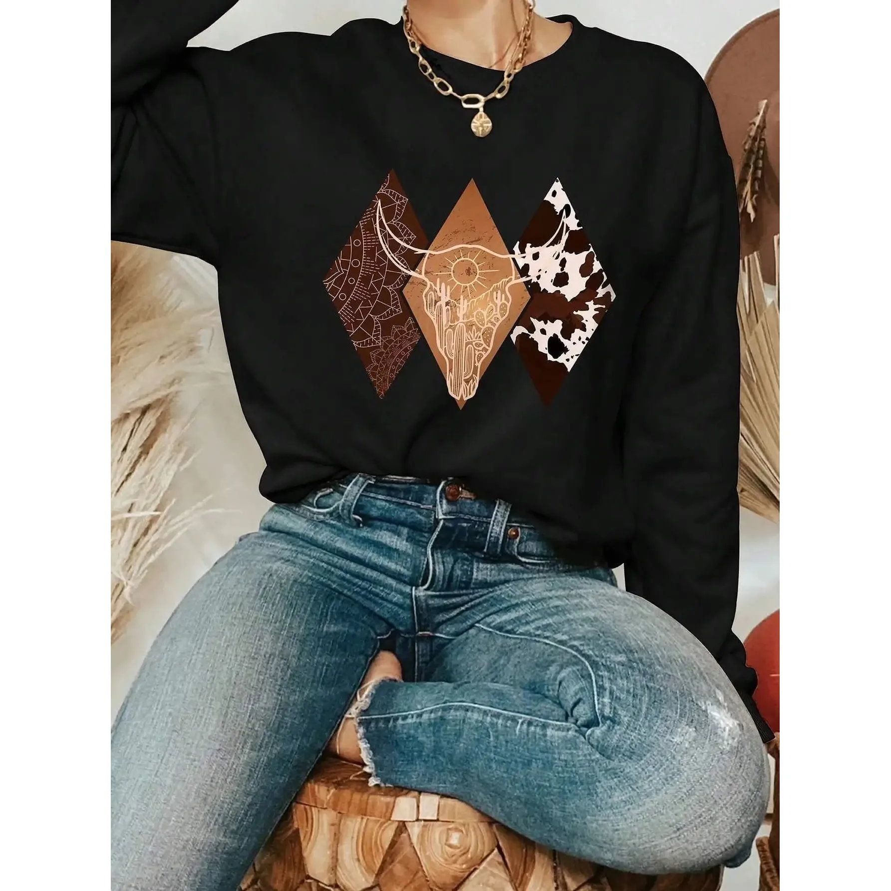 

Casual Women's Sweatirt Cowboy Sle Pattern Printing Hoodie Linen Fabric Autumn Season Ladies Knittedwear