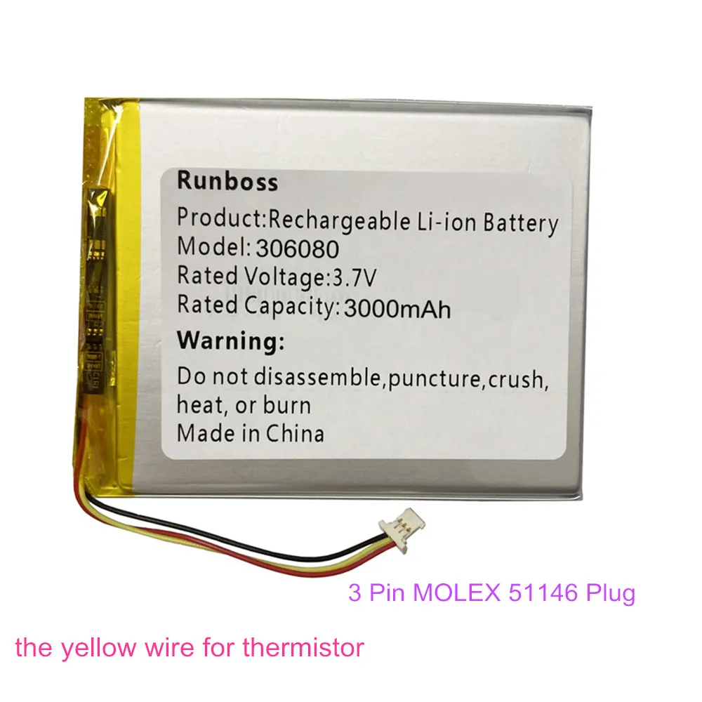 3.7V 3000mAh Li-Polymer Battery MOLEX 51146 306080 For ONYX Buks James Cook 2 BOOX 306480P Cleopatra 3 E-Book Tagus Gaia Eco