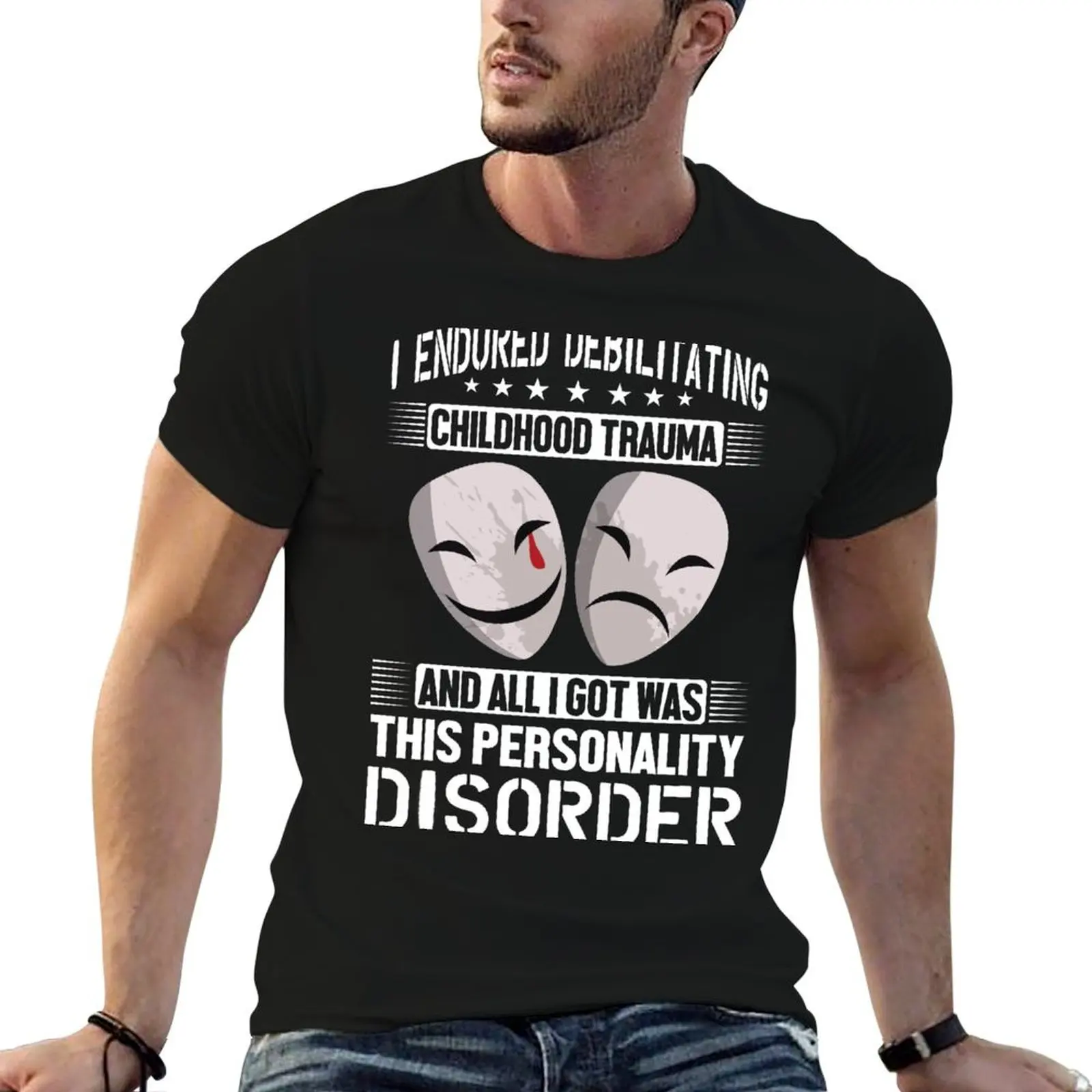 Personality Disorder With Happy/Sad Mask T-Shirt All Weather Casual Short Sleeve