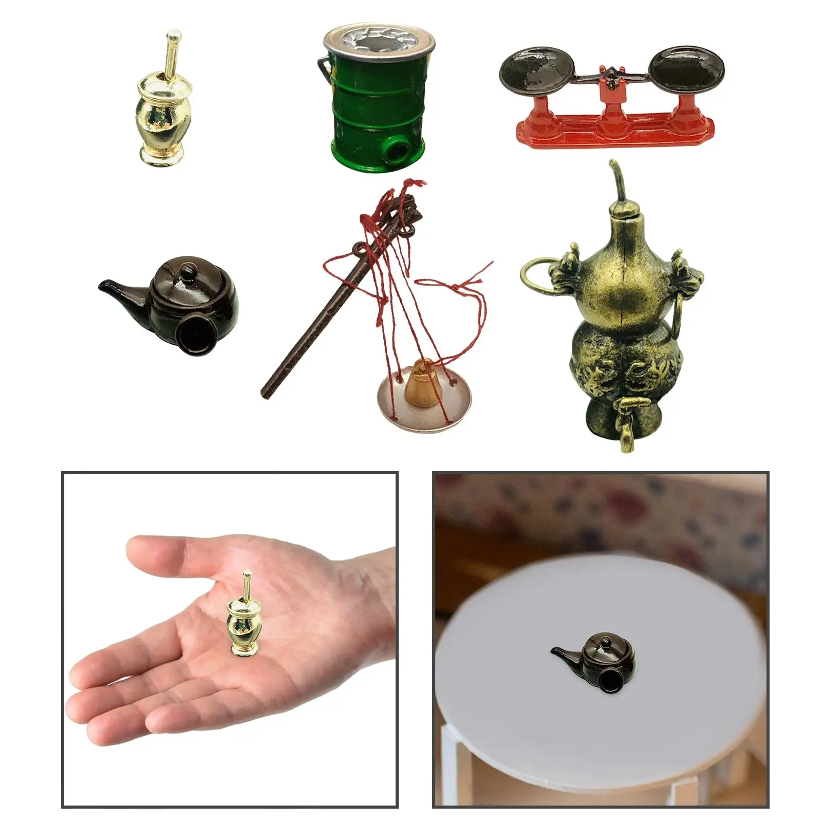 Miniature Dollhouse Tableware Kitchen Furniture Set Alloy Teapot Stove Pot Jar Balance Scale 1 12 Scale Accessories for