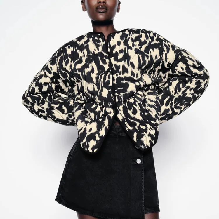 

Loose Women's Cotton Jaet Autumn Winter New Sle Animal Print Contrast Color Zipper Hidden Button ort Outerwear