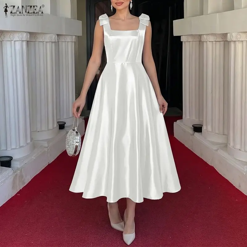 ZANZEA Women Evening Gown Elegant Party Dress Square Neck Straps Dresses Sleeveless A Line Bows Robe Office Work Satin Sundress