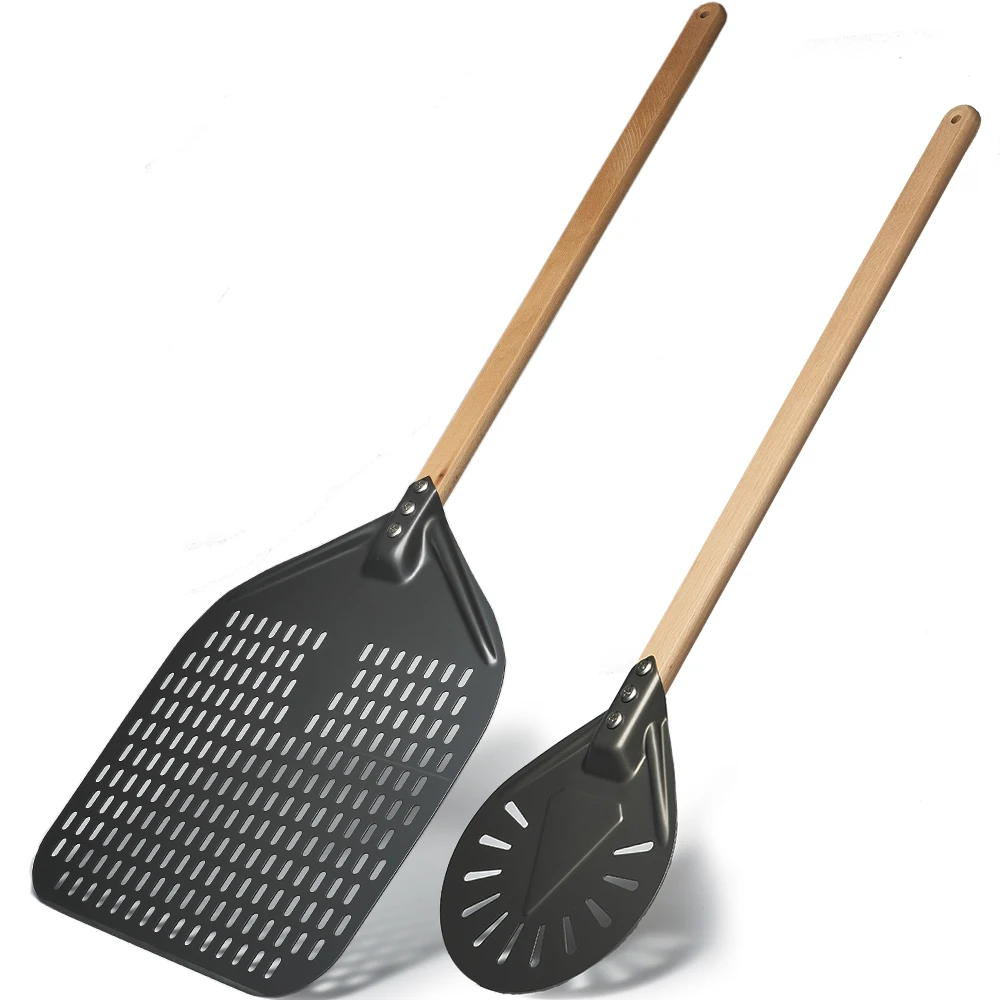 

SHANGPEIXUAN 14/13/12 Inch Pizza Peel Set Wood Handle Pizza Shovel Perforated Pizza Paddle Hard Anodized Pizza Oven Accessories