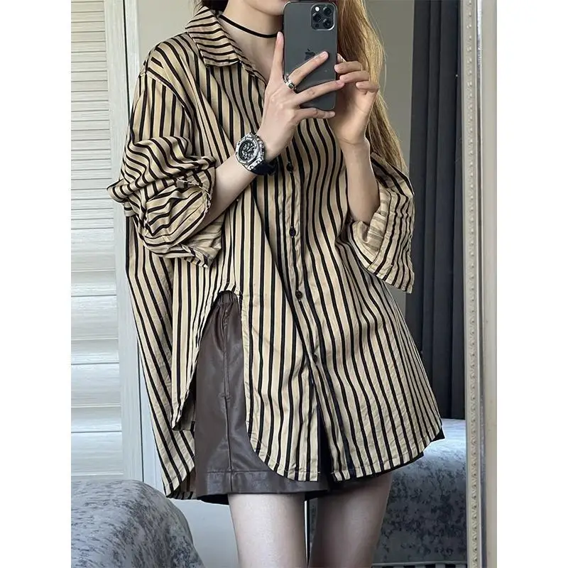 

Premium Striped Split Shirt Women's Spring and Autumn 2026 New Loose Shirt Design Top Jacket