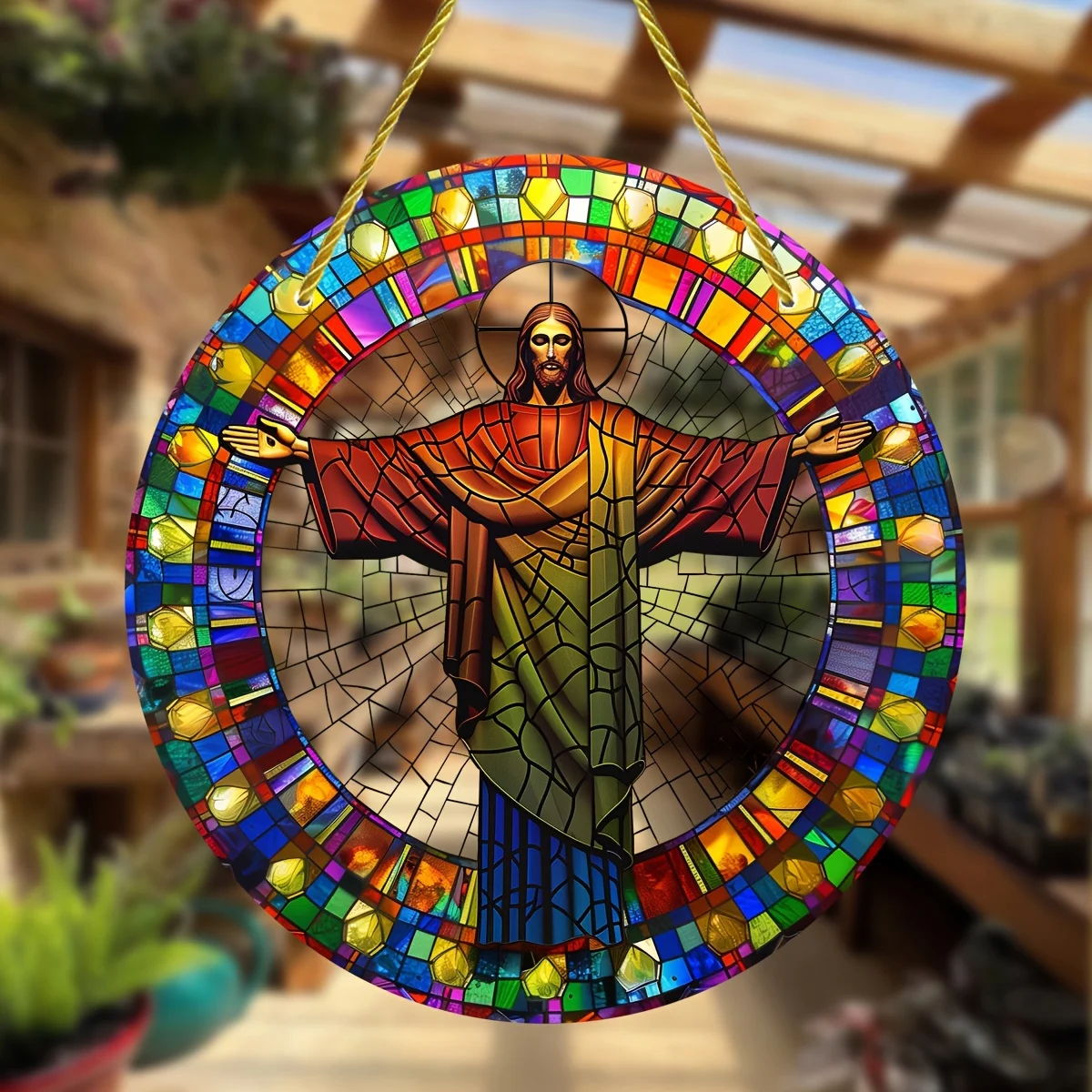 1-Pack Rio de Janeiro Inspired Religious Suncatcher,Round Acrylic Christ the Redeemer Hanging Window Decoration,Porch,Garden