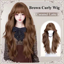 Ashely Caramel Latte Brown Curly Water Wave Wig Female Headband Bangs Fall and Winter Long Curly Hair Retro Synthetic Wigs