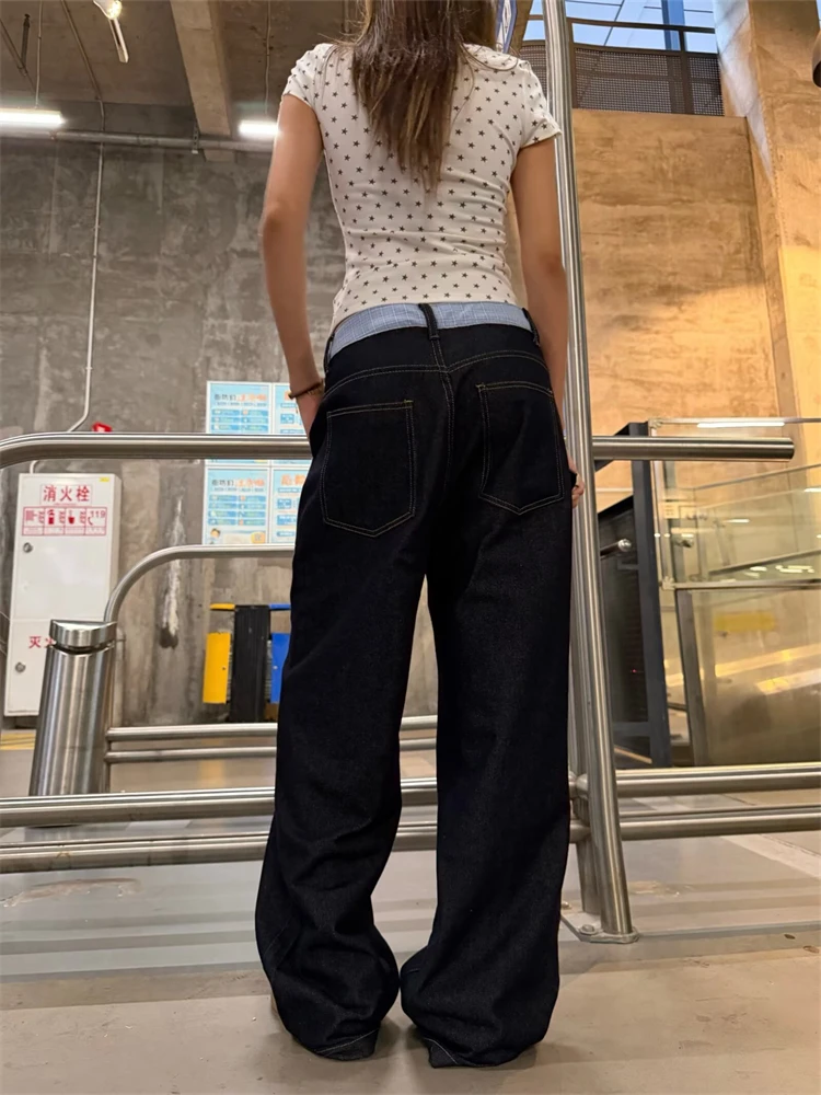 Women's Plaid Patchwork Jeans Personalized Denim Trousers Casual Sweatpants Cool Girl Wide Leg Bottoms Female High Waist Pants