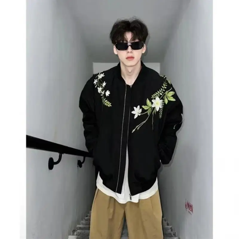 

New Chinese Sle Floral Print Pilot Jaet Coat Men's Casual Spring Autumn Baseball Sle Women's Faion Urban Polyester Fiber