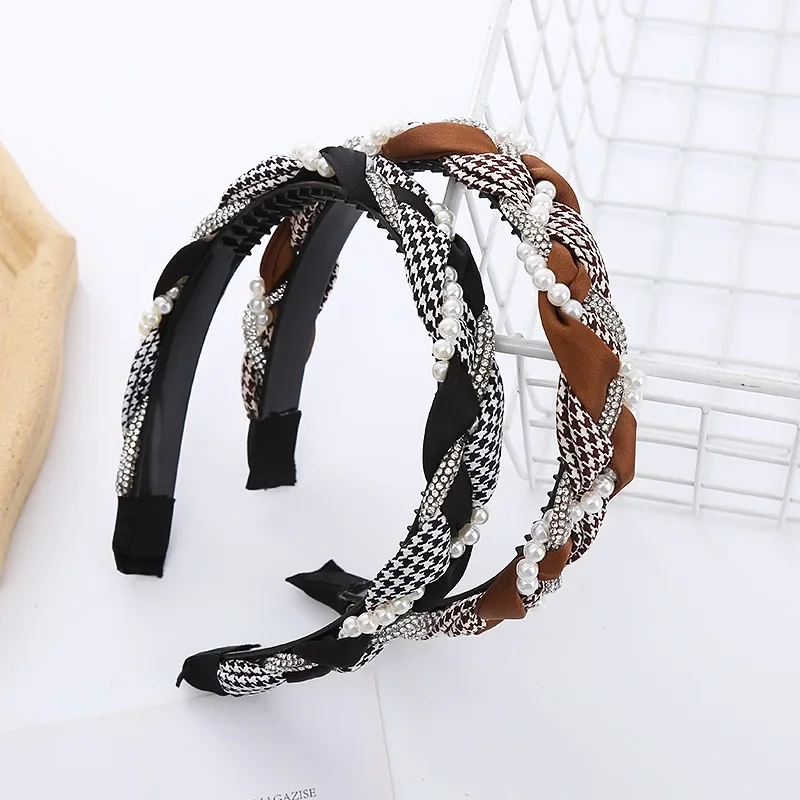 クリスタルヘッドバンド 女性用 ガールヘアアクセサリー フレンチスタイル ハイエンド ツイストブレイドヘッドバンド ラインストーンとパール付き