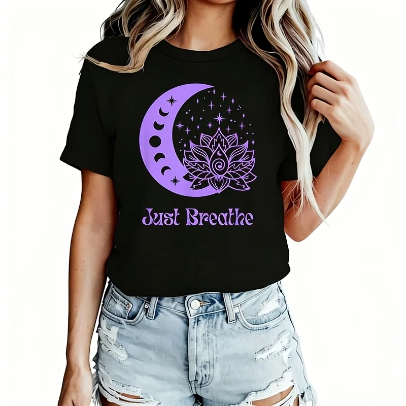 Yogi Purple Moon Phase Yoga Meditation Just Breathe Women's T-Shirt 100% Cotton Funny Graphic Short Sleeve Tee Novelty Shirt Casual Crew Neck Top S-5XL