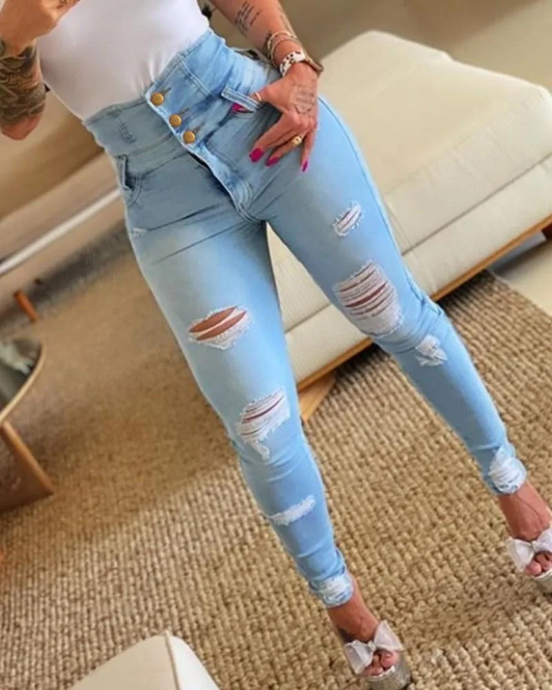 Mulheres Shaping Jeans com Skinny Hole, Calça Lápis, Jeans, Push Up, Butt Lift, Slim, Calças Mamãe, Novo