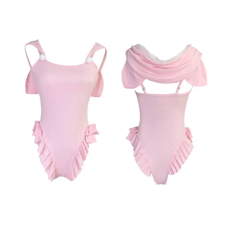 Costume da bagno intero Kawaii donna costumi da bagno dimagranti rosa 2022 vita alta Sexy Anime Cosplay body gatto orecchio costume da bagno con cappuccio