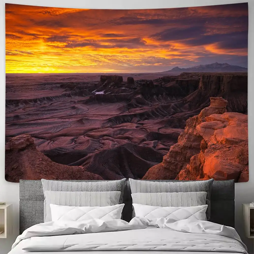 Canyon Sunset Landscape Tapestry, Red Orange Golden Sky Badlands Rock Formation Wall Wild Wilderness Scenery Living Room Decor