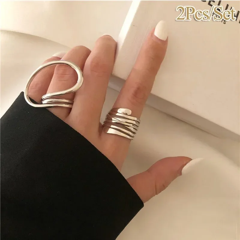 Silver Color Unique Lines Massive Ring Set Women‘s Large Rings Finger Jewelry Vintage Distorted Geometric Ring for Birthday Gift