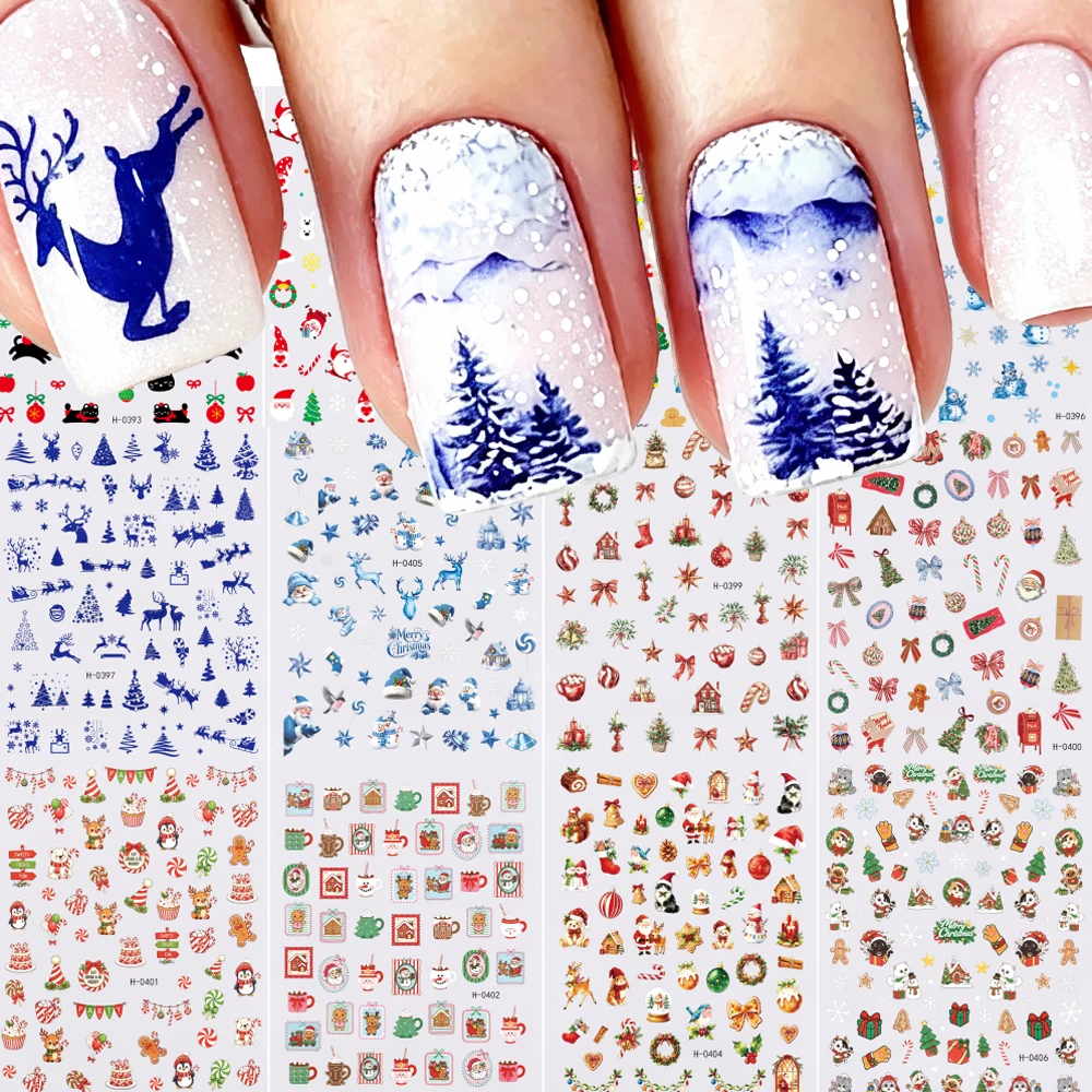 12Pcs Mixed Christmas Nail Sticker Cute Santa Elk Gingerbread Tree Snowman Black Cat Nail Decals Winter Xmas DIY Manicure Slider