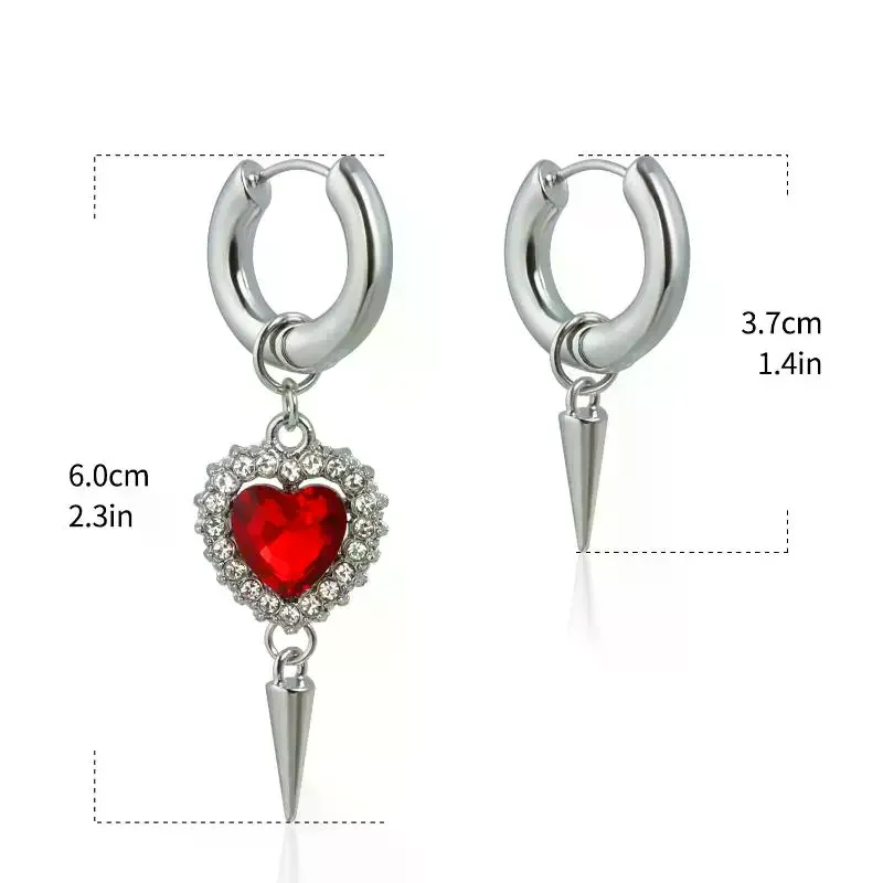 1Pair Punk Silver Color Asymmetry Flower Hoop Earrings for Women Fashion Red Zircon Heart Earrings Party Jewelry Accessories ﻿
