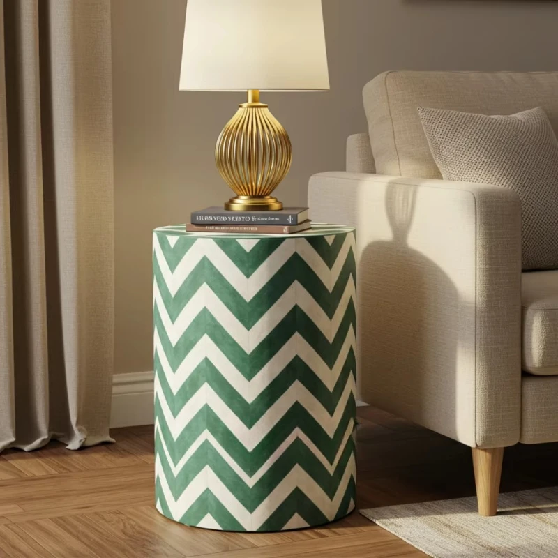 Modern green white bone inlaid drum side table/bedside table, suitable for living room and bedroom