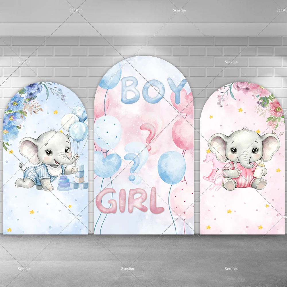 Flowers Baby Elephant Gender Reveal Party Arch Backdrop Cover Balloons Pink Blue Boy Or Girl Arched Background 2-sided