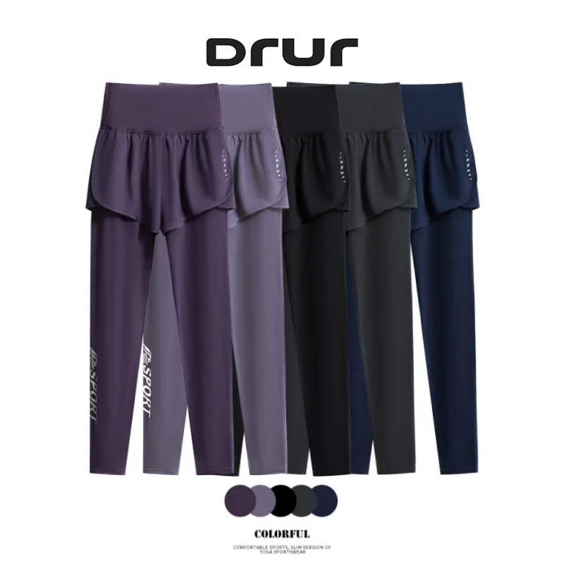 DRUR S-4XL Yoga Pants Women High Waist Sports Tights ​With Pocket Fake Two-Piece Yoga Leggings Woman Fitness Trousers Yogawear