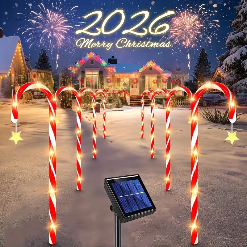 Solar Christmas Candy Cane Garden Lights Outdoor Waterproof LED Stake Lamps 1Set 5/8PCs Warm White LED Yard Lawn Holiday Decor