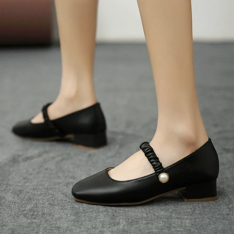 New Women Heels Square Toe Pumps Pearl Buckle Straps Mary Jane Shoes Office Lady Comfortable Work Shoes Soft Leather Black Heels