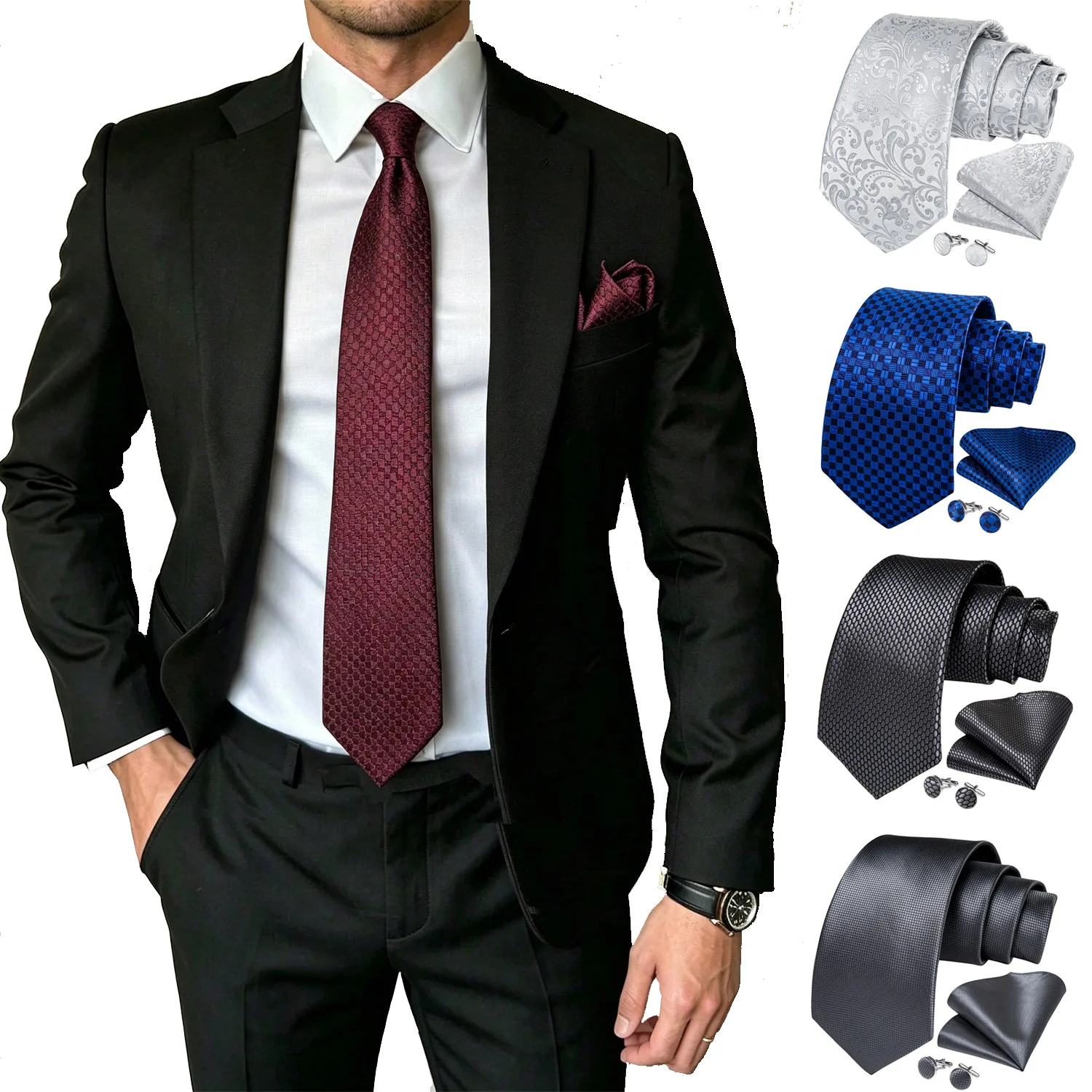 Neutral Tones Mens Tie Set 3 Piece, Paisley Check Solid Necktie Pocket Square Cufflinks For Business
