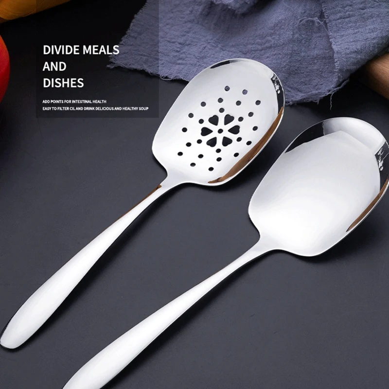 2PCS 304 Stainless Steel Tableware Spoon Colander Household Large Public Spoon Creative Dish Spoon Drain Serving Spoon