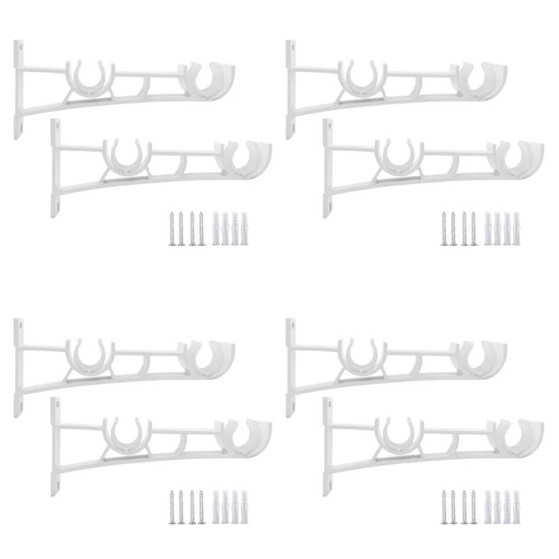 H8WB 8 Pack Double Curtain Poles Holder White Metal Drapery Rod Support Wall Brackets with Screws for Living Room and Bedroom